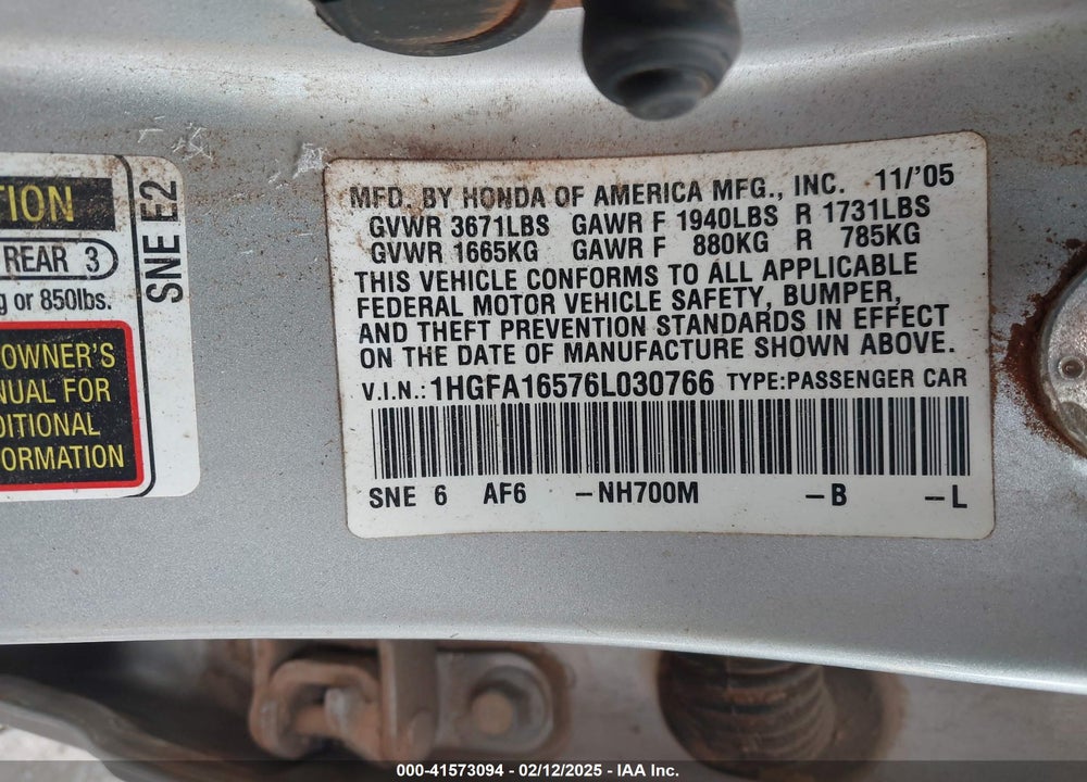2006 HONDA CIVIC VIN: 1HGFA16576L030766