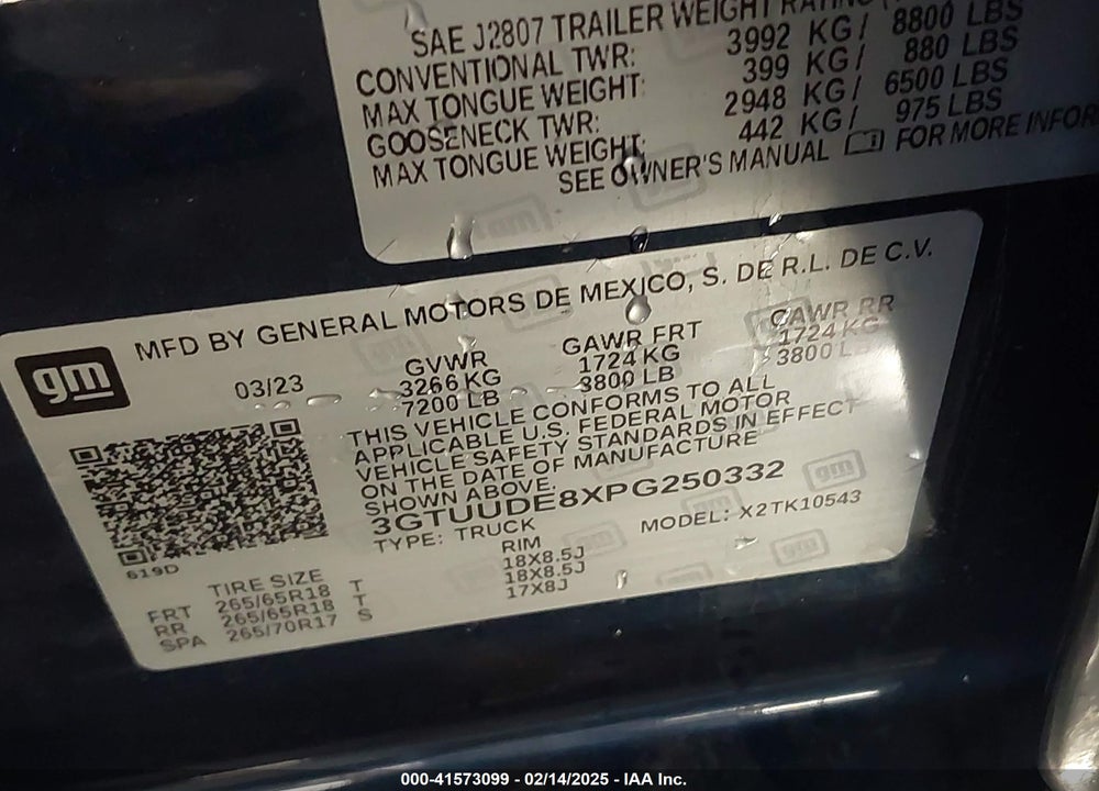 2023 GMC SIERRA 1500 VIN: 3GTUUDE8XPG250332