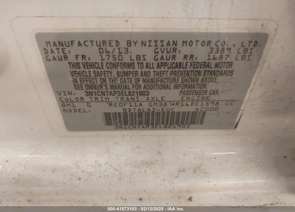 2014 NISSAN VERSA VIN: 3N1CN7AP3EL821903