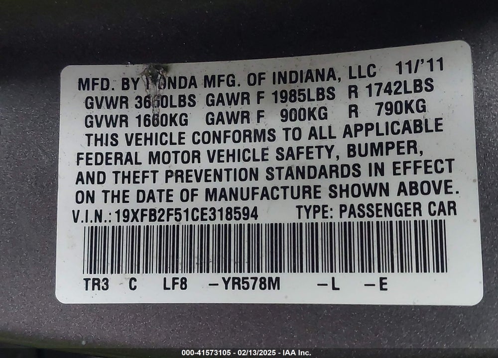 2012 HONDA CIVIC LX VIN: 19XFB2F51CE318594