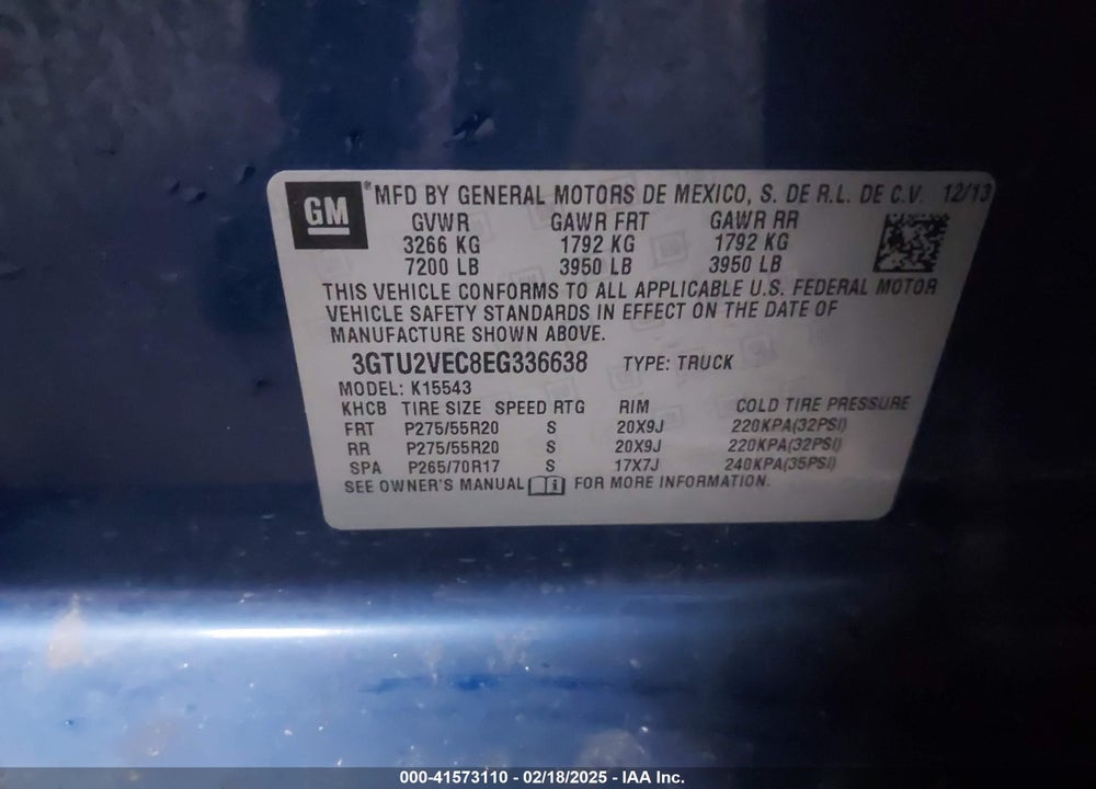 2014 GMC SIERRA 1500 VIN: 3GTU2VEC8EG336638