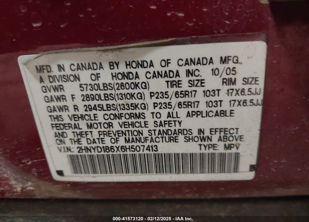 2006 ACURA MDX VIN: 2HNYD186X6H507413