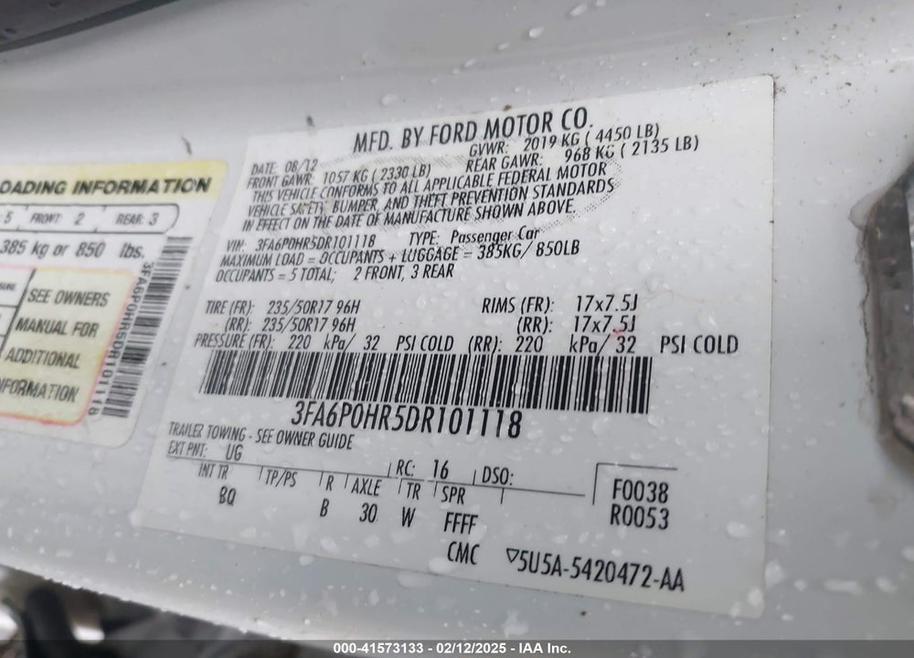 2013 FORD FUSION VIN: 3FA6P0HR5DR101118
