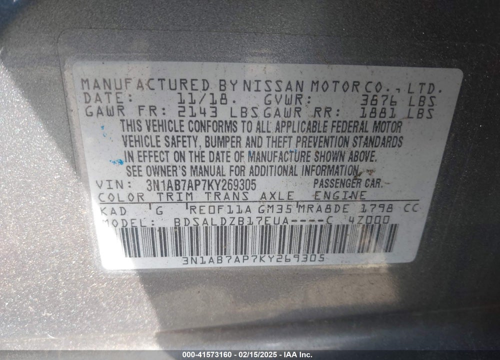 2019 NISSAN SENTRA VIN: 3N1AB7AP7KY269305