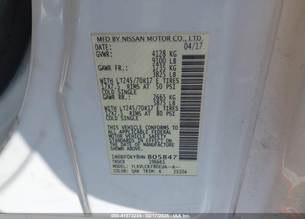 2017 NISSAN NV CARGO NV2500 HD S V6 VIN: 1N6BF0KY8HN805847