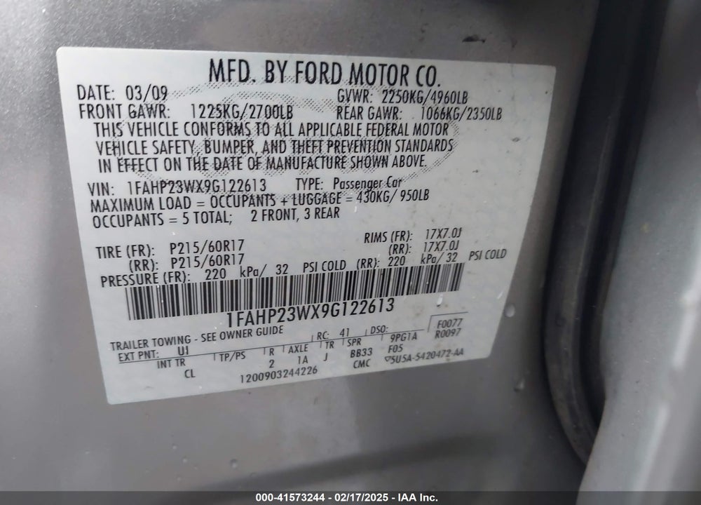 2009 FORD TAURUS SE VIN: 1FAHP23WX9G122613