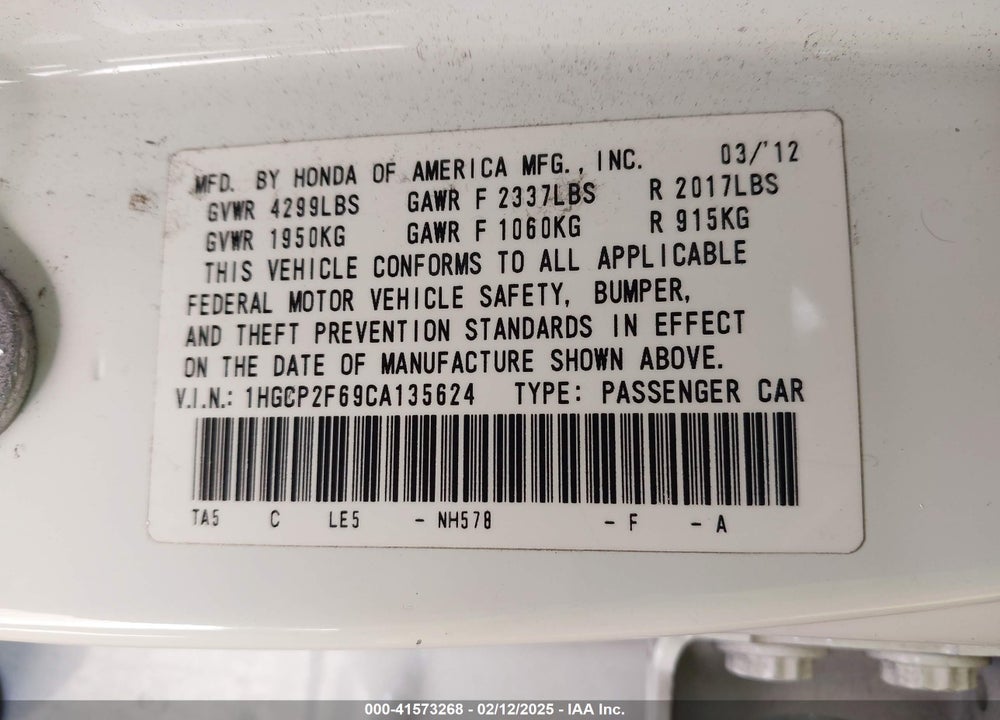 2012 HONDA ACCORD VIN: 1HGCP2F69CA135624