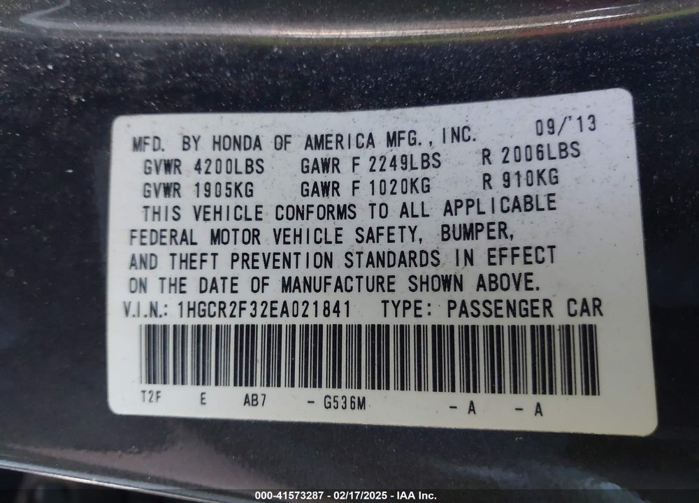 2014 HONDA ACCORD VIN: 1HGCR2F32EA021841