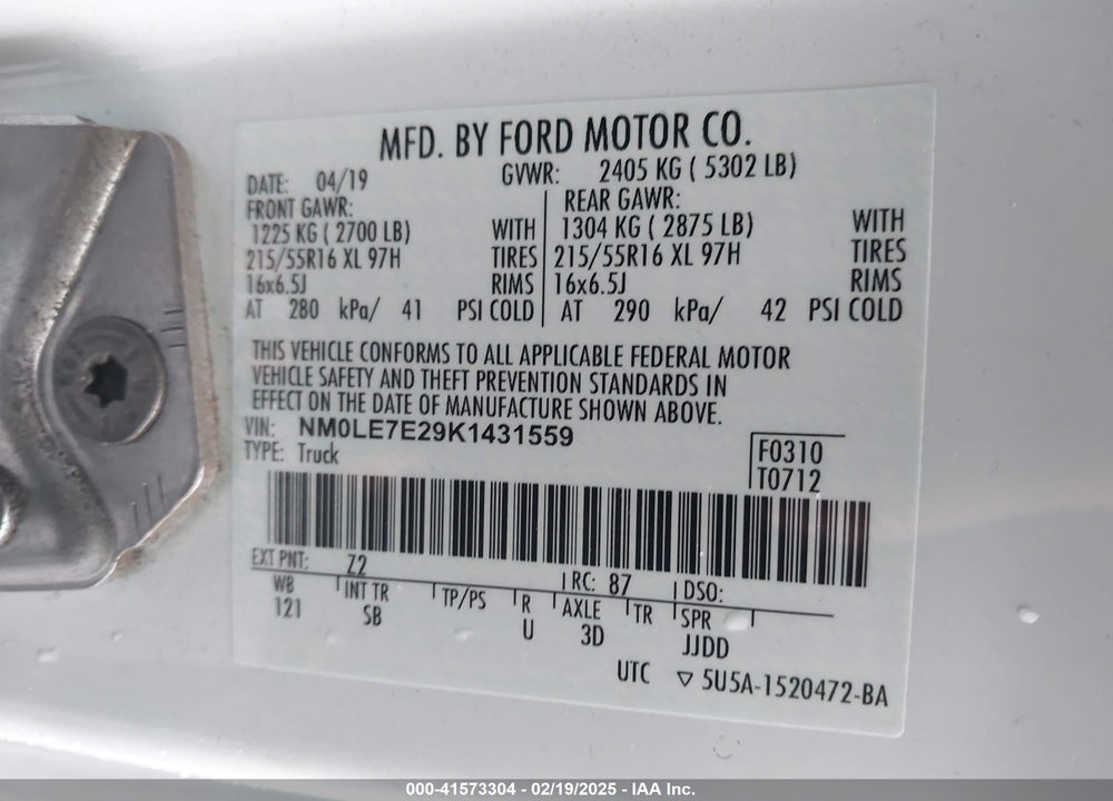 2019 FORD TRANSIT CONNECT XL VIN: NM0LE7E29K1431559