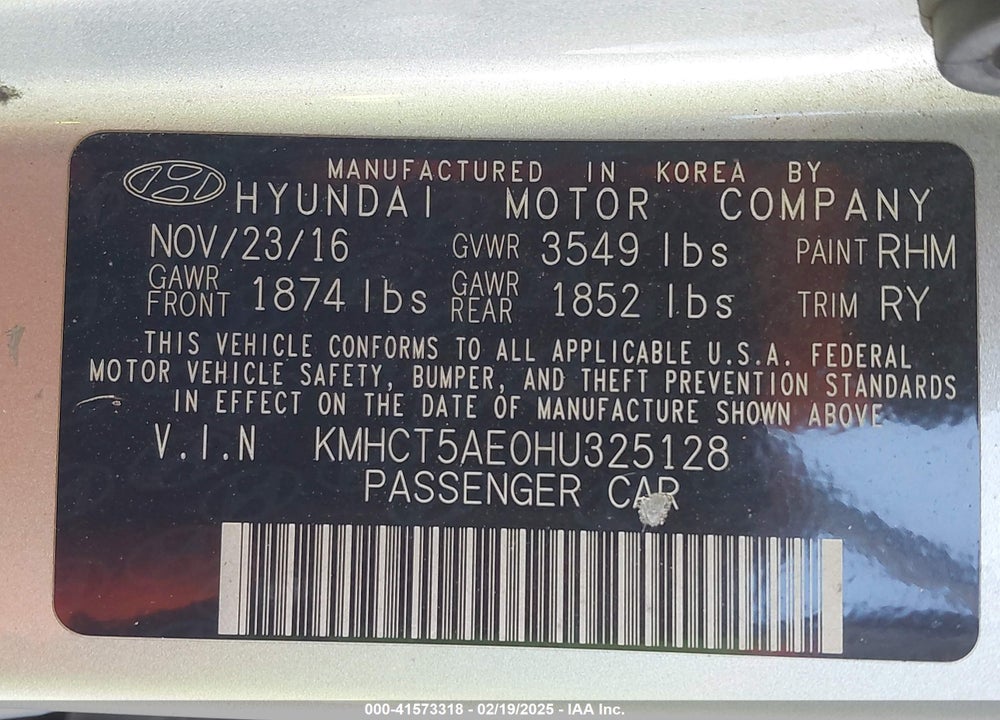 2017 HYUNDAI ACCENT VIN: KMHCT5AE0HU325128