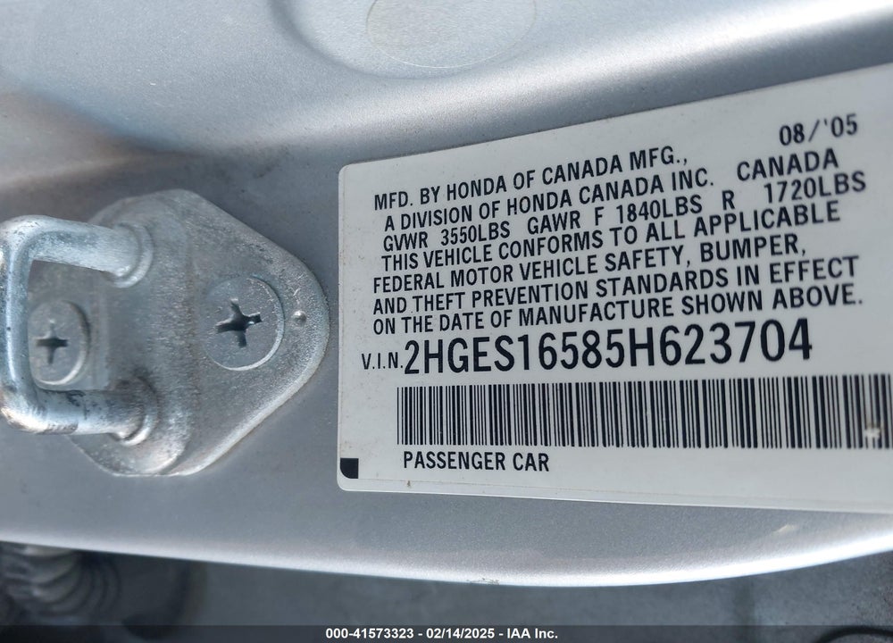 2005 HONDA CIVIC LX VIN: 2HGES16585H623704