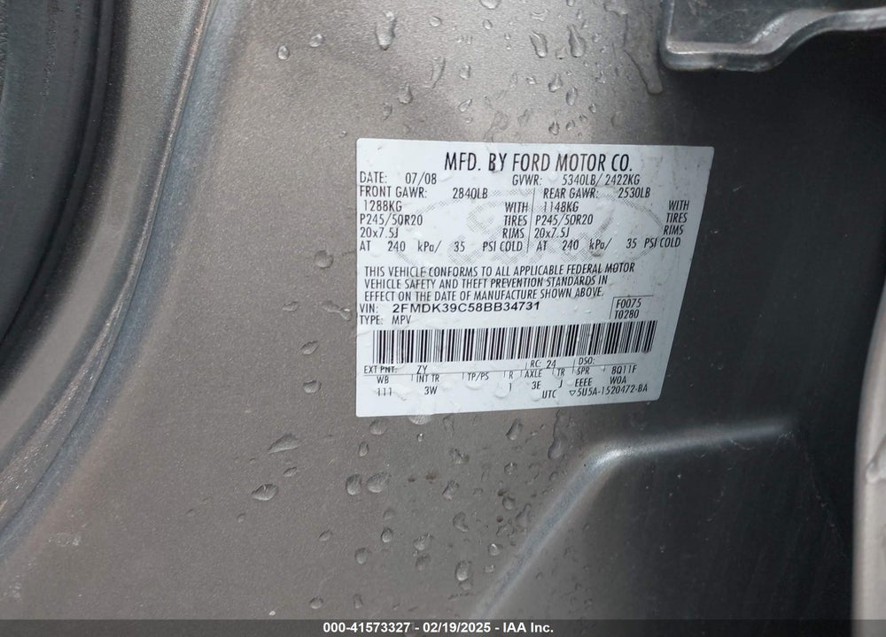 2008 FORD EDGE LIMITED VIN: 2FMDK39C58BB34731