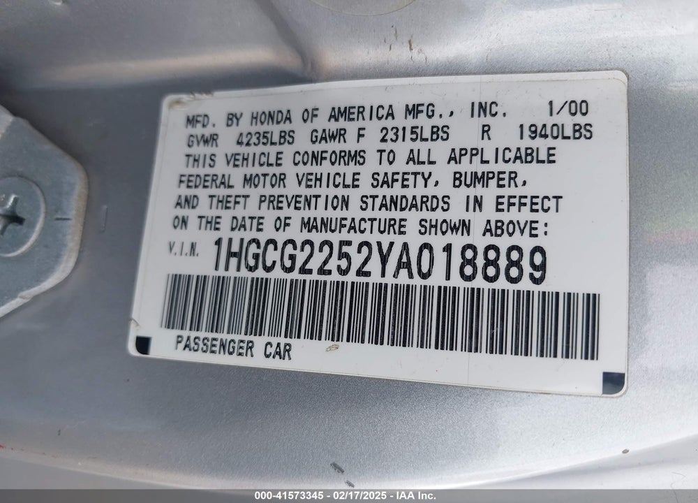2000 HONDA ACCORD 3.0 EX VIN: 1HGCG2252YA018889