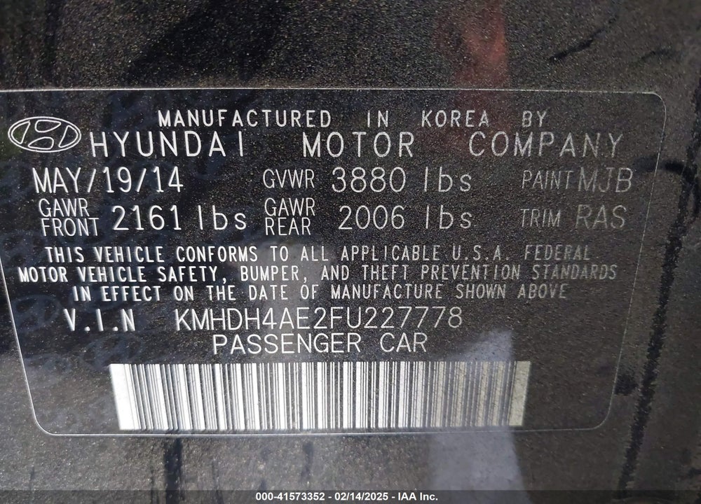 2015 HYUNDAI ELANTRA SE VIN: KMHDH4AE2FU227778