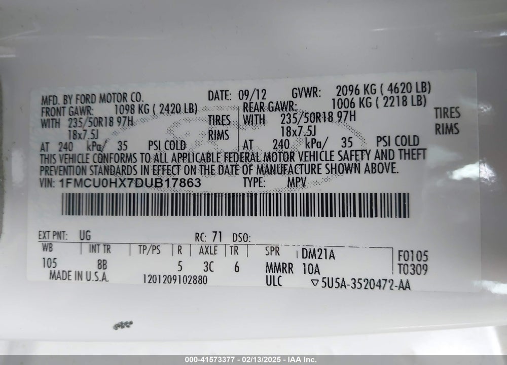 2013 FORD ESCAPE SEL VIN: 1FMCU0HX7DUB17863