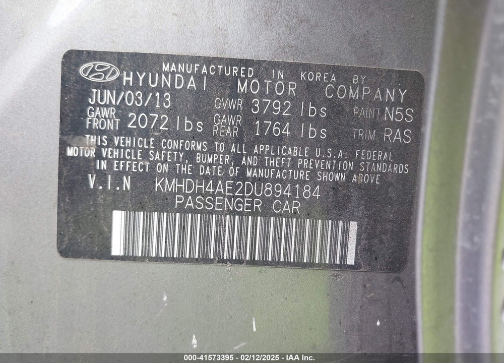 2013 HYUNDAI ELANTRA GLS VIN: KMHDH4AE2DU894184