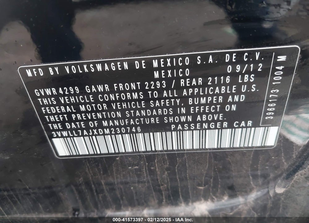 2013 VOLKSWAGEN JETTA VIN: 3VWLL7AJXDM230746