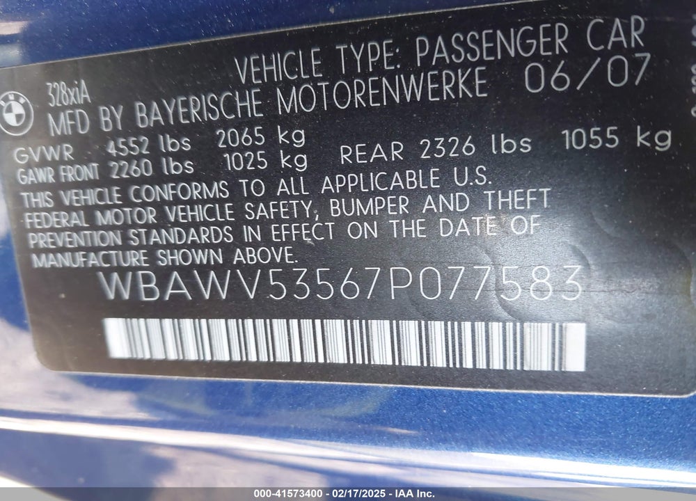 2007 BMW 328XI VIN: WBAWV53567P077583