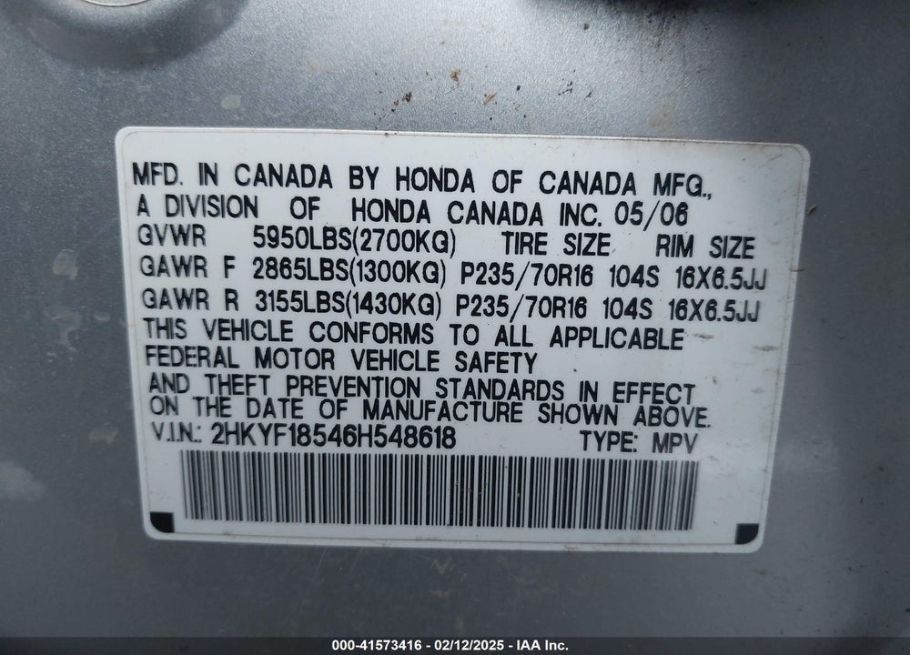 2006 HONDA PILOT EX-L VIN: 2HKYF18546H548618