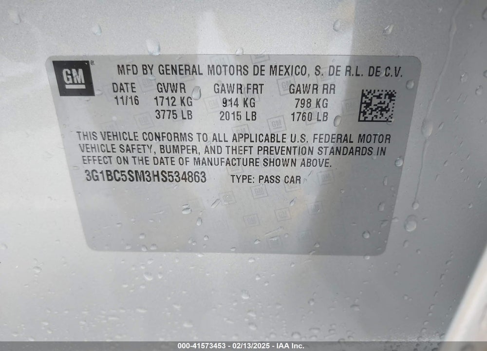 2017 CHEVROLET CRUZE VIN: 3G1BC5SM3HS534863