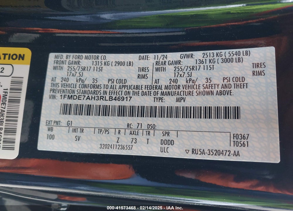 2024 FORD BRONCO BIG BEND VIN: 1FMDE7AH3RLB46917