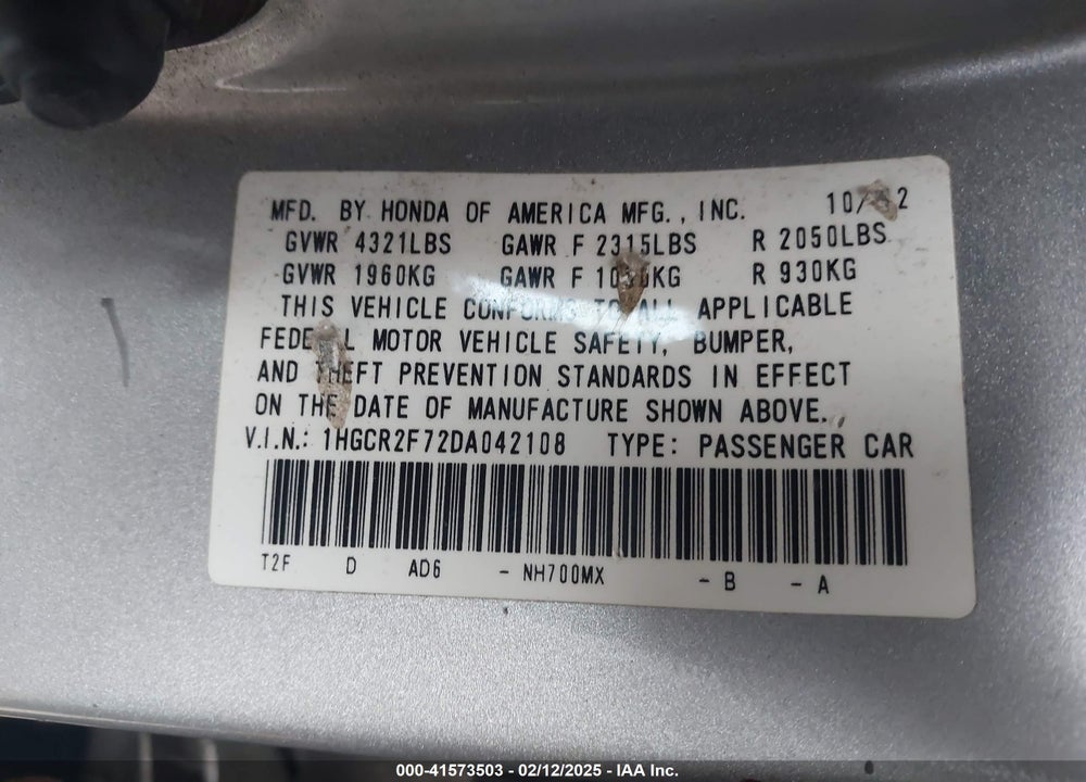 2013 HONDA ACCORD VIN: 1HGCR2F72DA042108