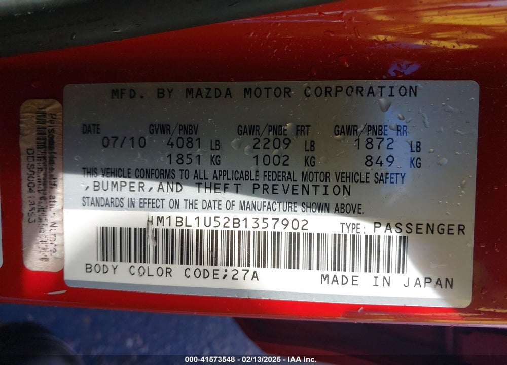 2011 MAZDA MAZDA3 VIN: JM1BL1U52B1357902