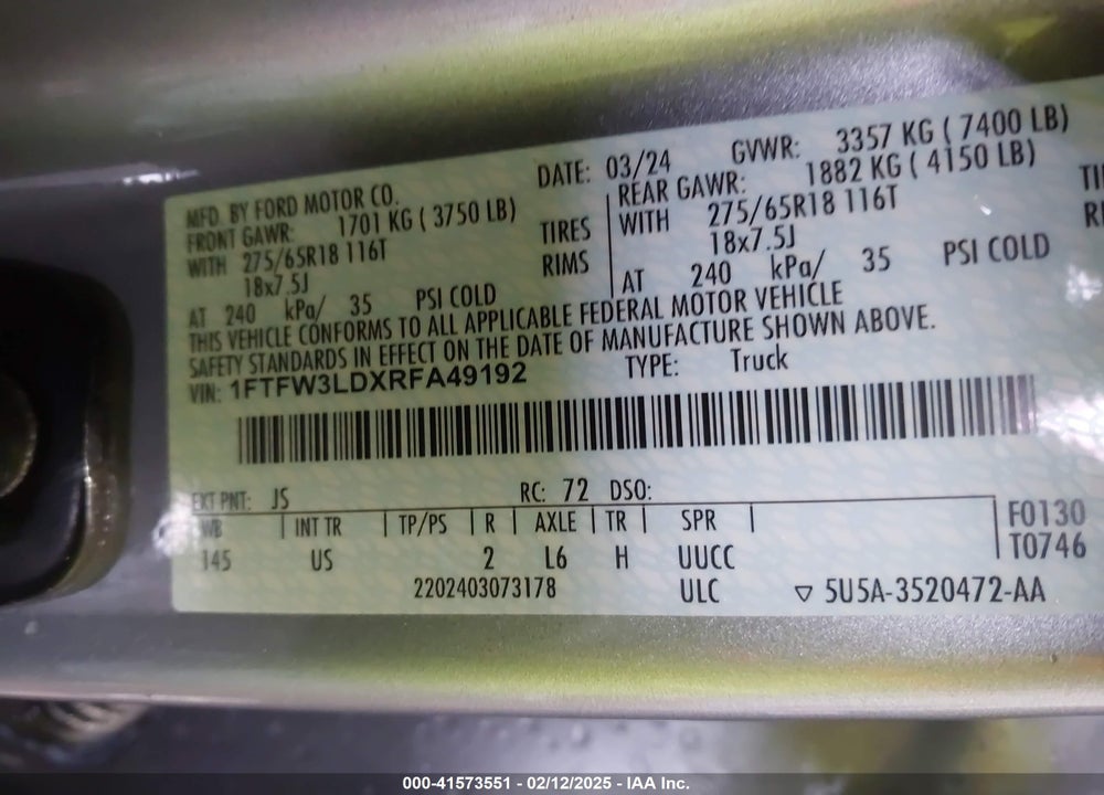 2024 FORD F-150 XLT VIN: 1FTFW3LDXRFA49192
