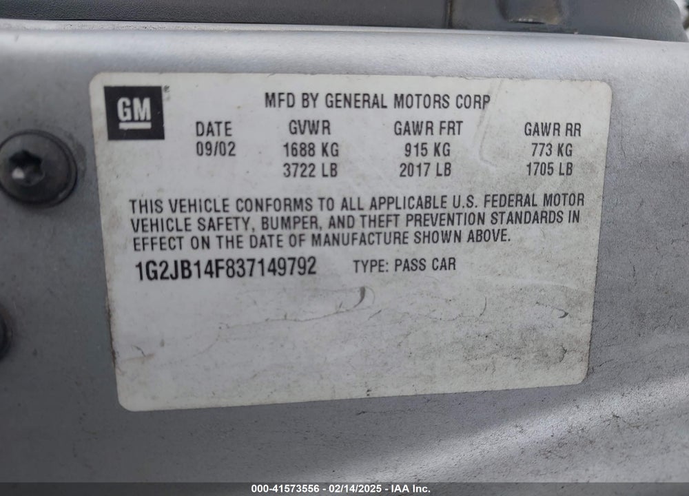 2003 PONTIAC SUNFIRE VIN: 1G2JB14F837149792
