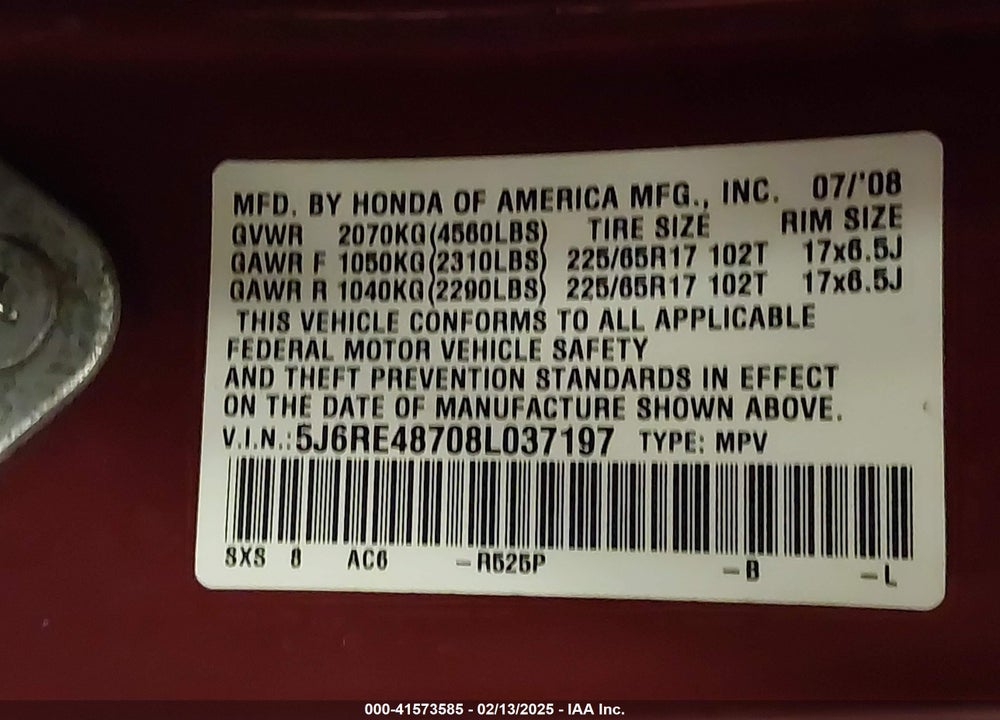2008 HONDA CR-V EX-L VIN: 5J6RE48708L037197