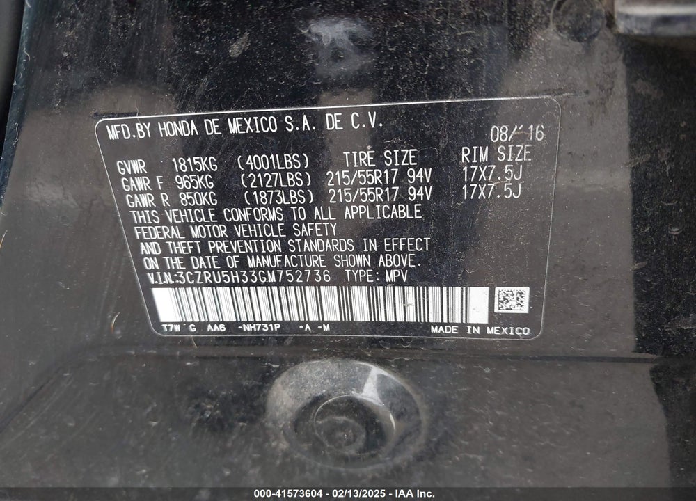 2016 HONDA HR-V LX VIN: 3CZRU5H33GM752736