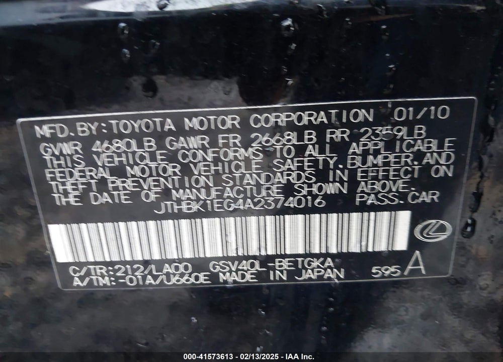 2010 LEXUS ES 350 VIN: JTHBK1EG4A2374016