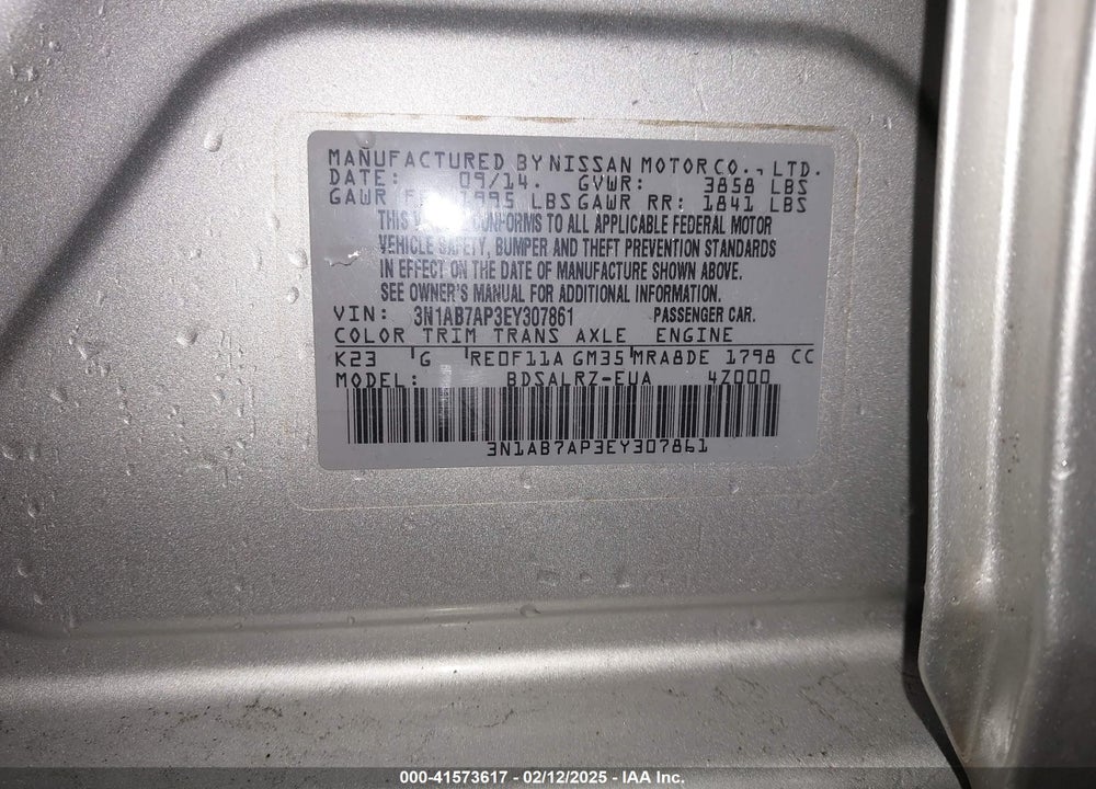 2014 NISSAN SENTRA VIN: 3N1AB7AP3EY307861