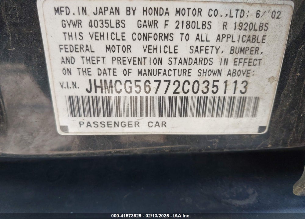 2002 HONDA ACCORD 2.3 SE VIN: JHMCG56772C035113