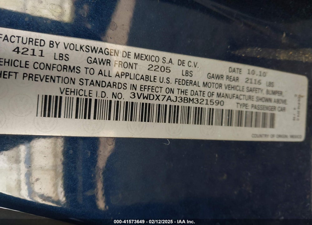 2011 VOLKSWAGEN JETTA VIN: 3VWDX7AJ3BM321590