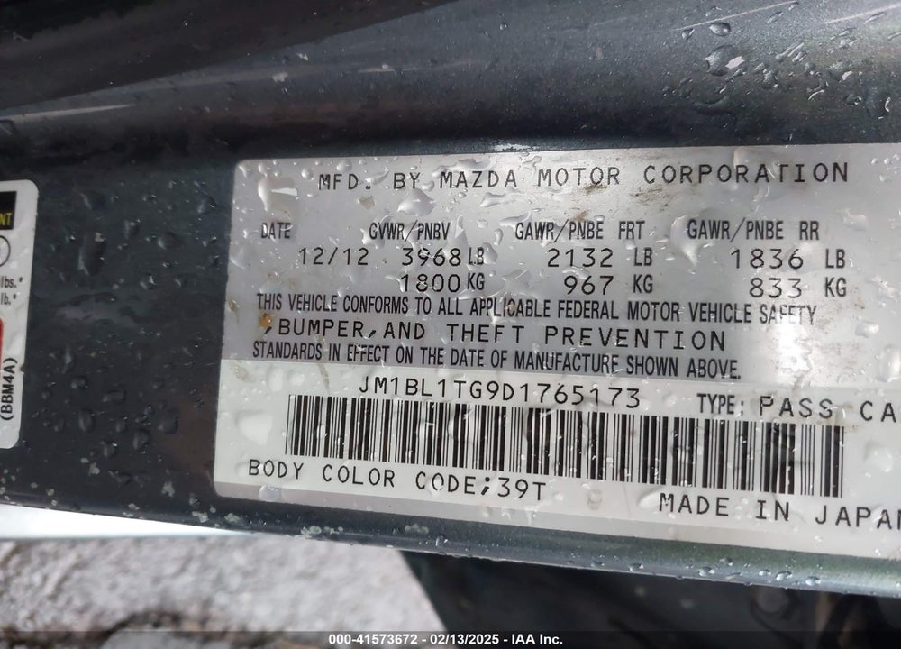 2013 MAZDA MAZDA3 VIN: JM1BL1TG9D1765173