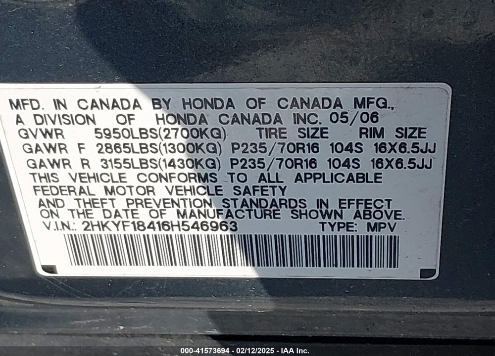 2006 HONDA PILOT EX VIN: 2HKYF18416H546963