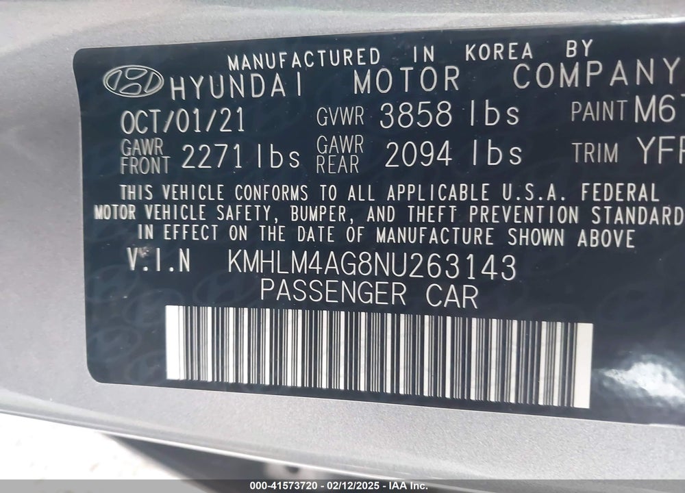 2022 HYUNDAI ELANTRA VIN: KMHLM4AG8NU263143