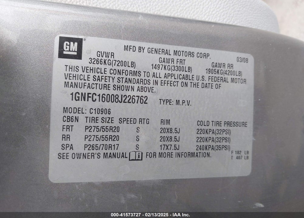 2008 CHEVROLET SUBURBAN 1500 LT VIN: 1GNFC16008J226762
