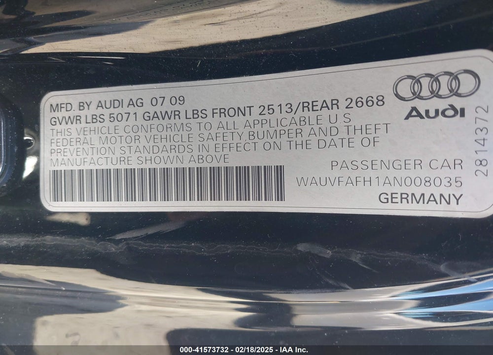 2010 AUDI A5 VIN: WAUVFAFH1AN008035