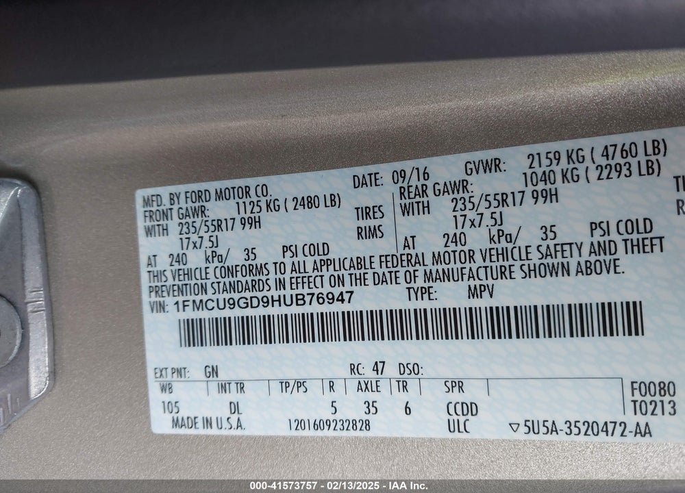 2017 FORD ESCAPE SE VIN: 1FMCU9GD9HUB76947