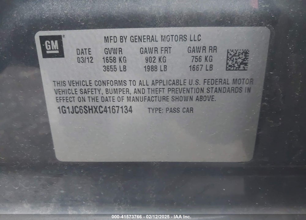 2012 CHEVROLET SONIC VIN: 1G1JC6SHXC4167134