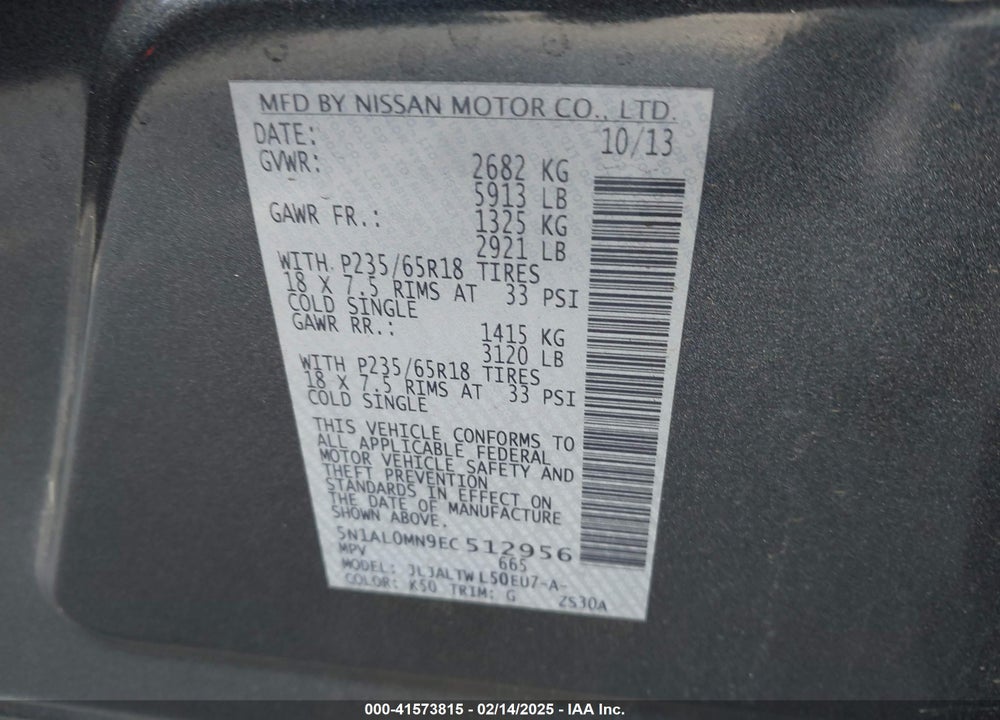 2014 INFINITI QX60 VIN: 5N1AL0MN9EC512956