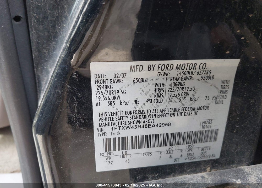 2008 FORD F-450 KING RANCH/LARIAT/XL/XLT VIN: 1FTXW43R48EA42958