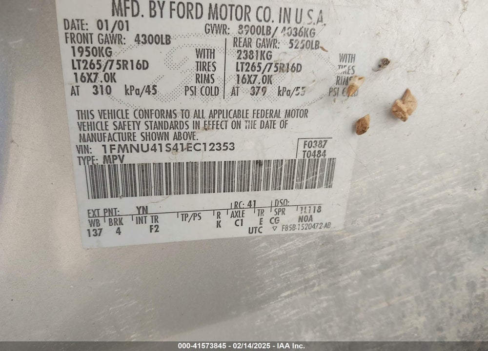 2001 FORD EXCURSION XLT VIN: 1FMNU41S41EC12353