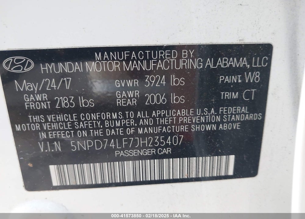 2018 HYUNDAI ELANTRA VIN: 5NPD74LF7JH235407
