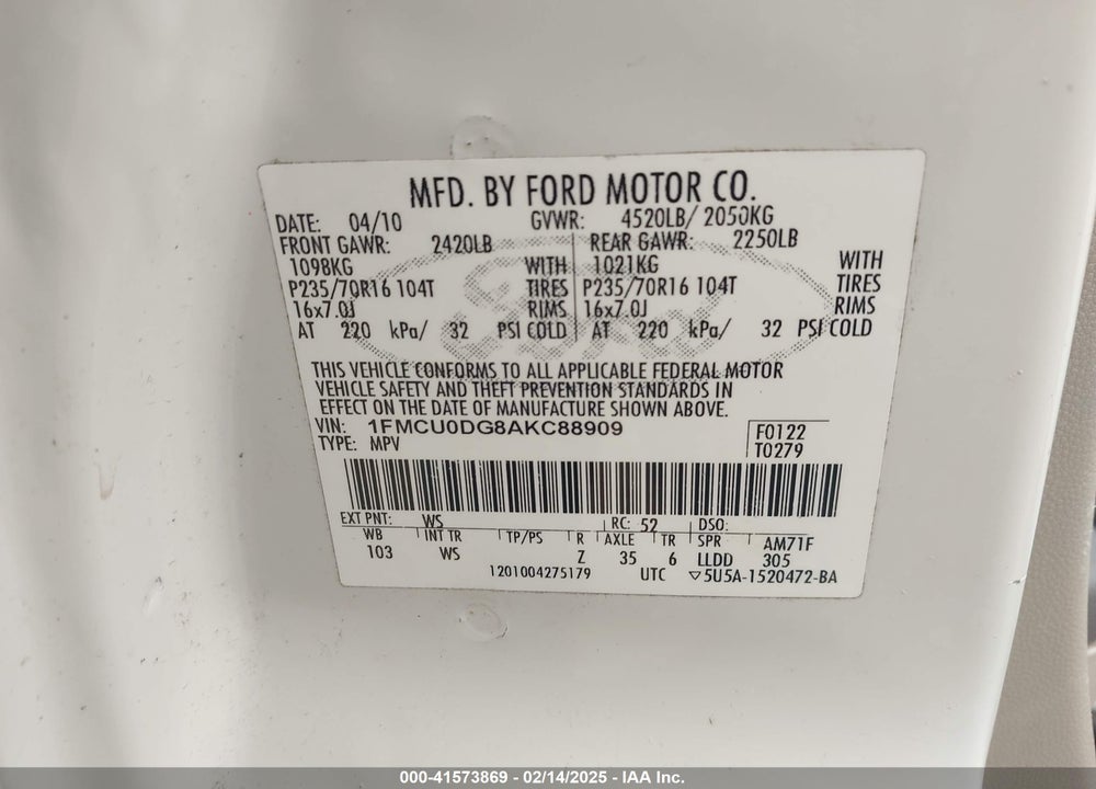 2010 FORD ESCAPE XLT VIN: 1FMCU0DG8AKC88909