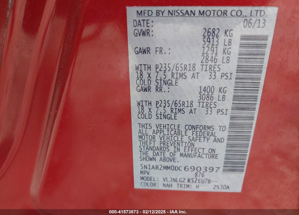 2013 NISSAN PATHFINDER SL VIN: 5N1AR2MM0DC690397