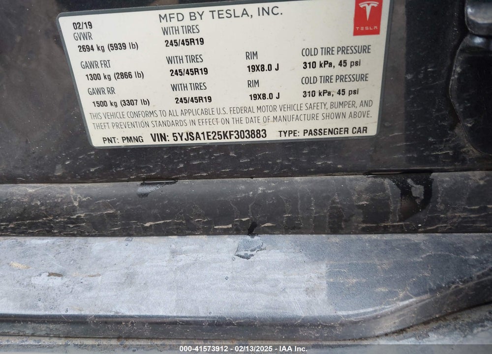 2019 TESLA MODEL S VIN: 5YJSA1E25KF303883