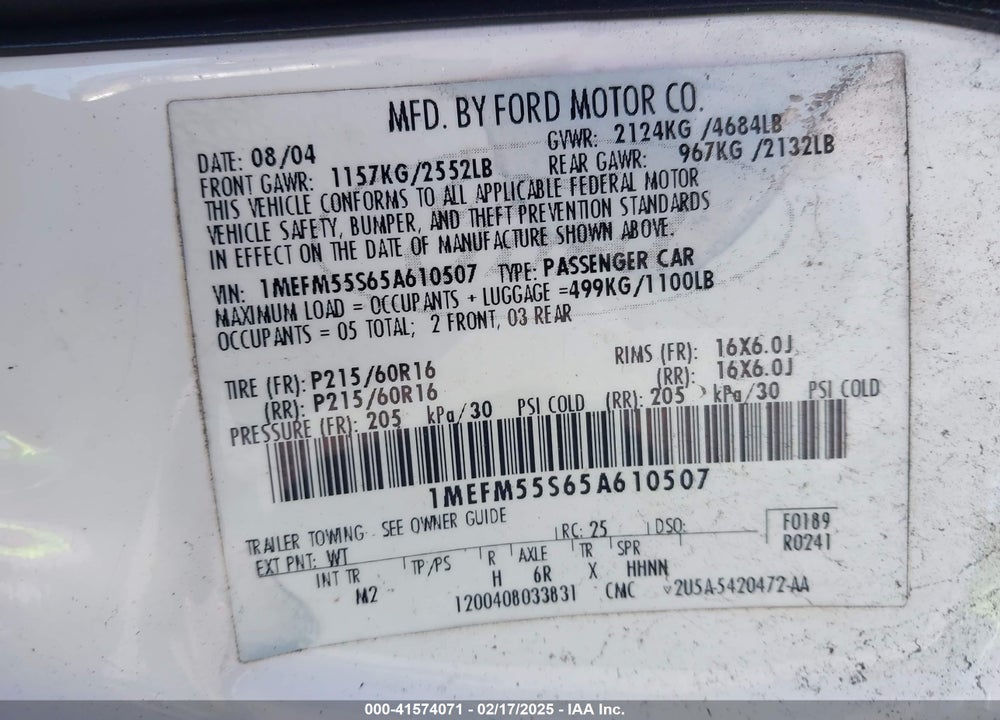 2005 MERCURY SABLE LS VIN: 1MEFM55S65A610507